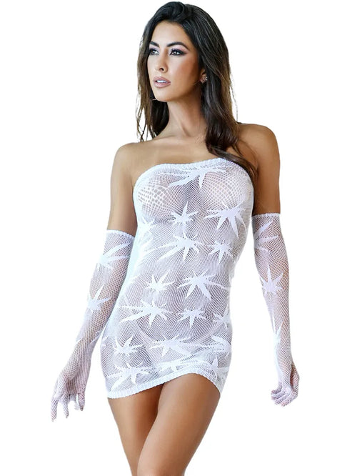 2 Pc Canna Mini Dress & Gloves – White